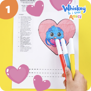 Lavoretti per bambini, foglio guida del biglietto a cuore con Whiskey il ragnetto, Whiskey e i suoi Amici
