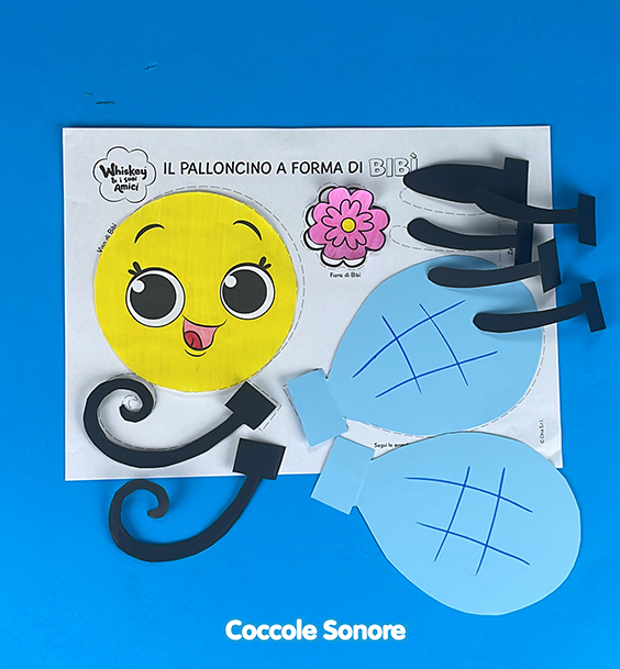 Scarichiamo il foglio guida: ricaviamo dai cartoncini le zampine, le antenne, le ali e il fiore di Bibì poi coloriamo il viso con i pennarelli.